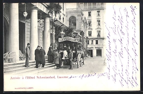Cartoline postali: Lucerne, Arrivée à l'Hotel Schweizerho – Usato da Berlin venduto da bartko-reher