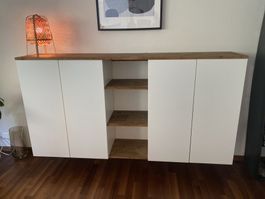 2 Schränke weiss + Kieferauflage | Sideboard 200 cm