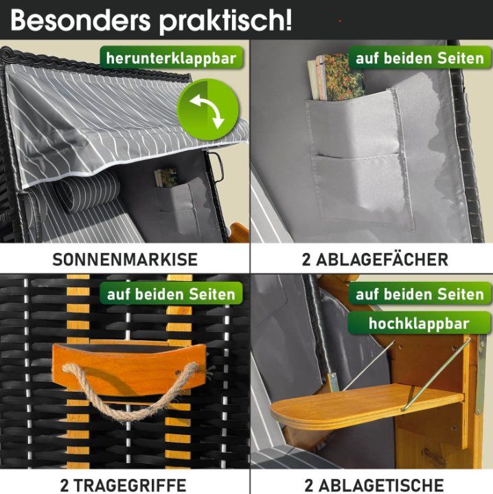 Liegen & Liegestühle: PREMIUM Strandkorb - GESTREIFT Anthrazit/GRAU/WEISS – Neu und originalverpackt aus Wallenwil von toesstal-vertrieb 5