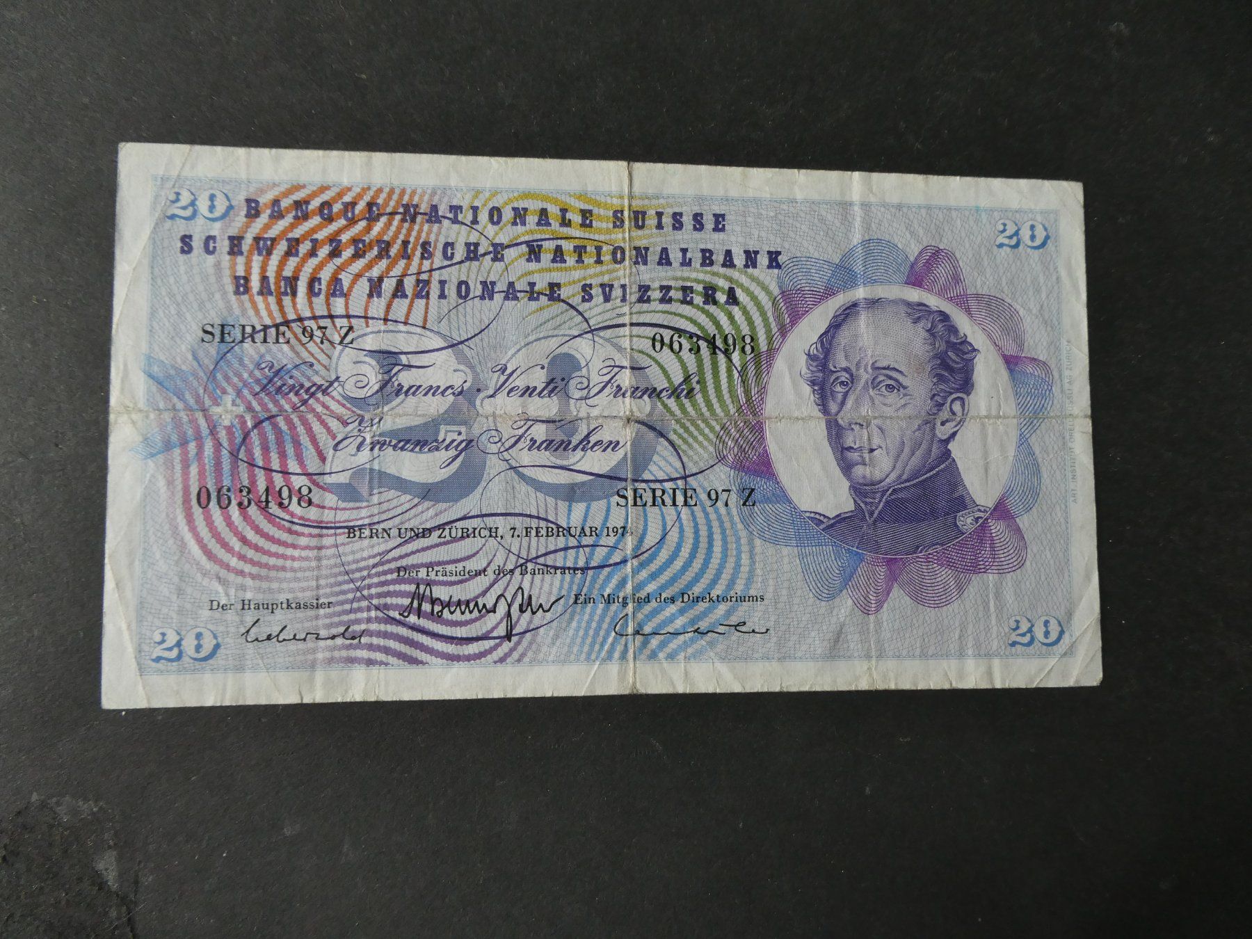 Banknoten: Schweiz 1974,  20 Franken – Gebraucht aus Hinterforst von rohusri