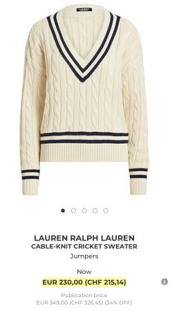 RALPH LAUREN cable knit tennis/cricket sweater XS/S