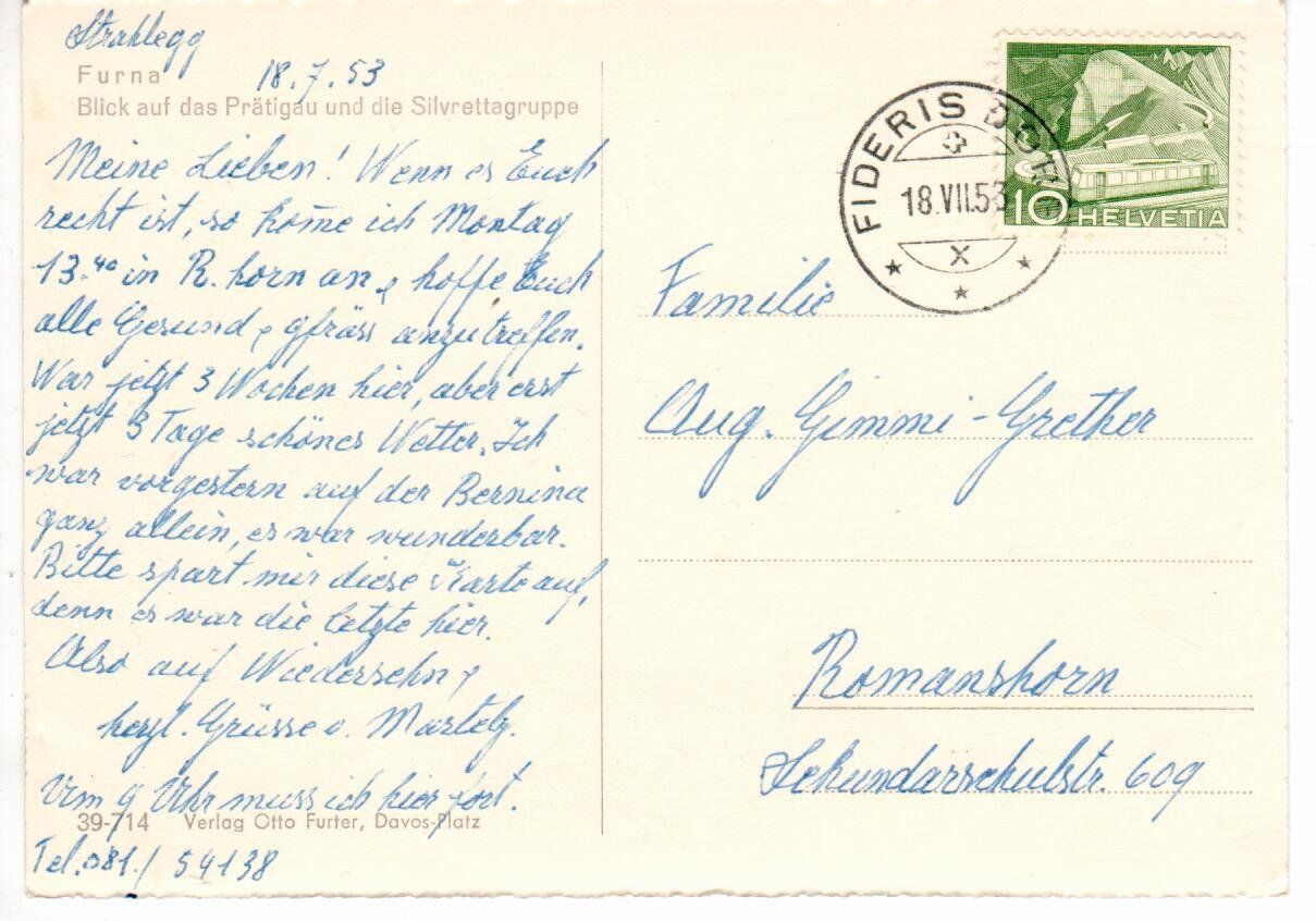 Cartoline postali: Furna 1953 – Usato da Wolhusen venduto da Curver9 1