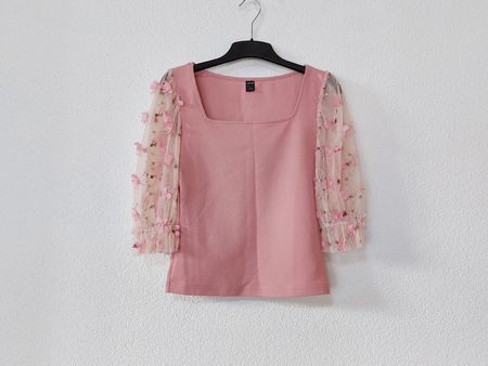 Damen Oberteil Rosa Netzärmel mit Blumen