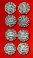 8 x 2 Franken Silbermünzen, Jahrgänge 1901 - 1909
