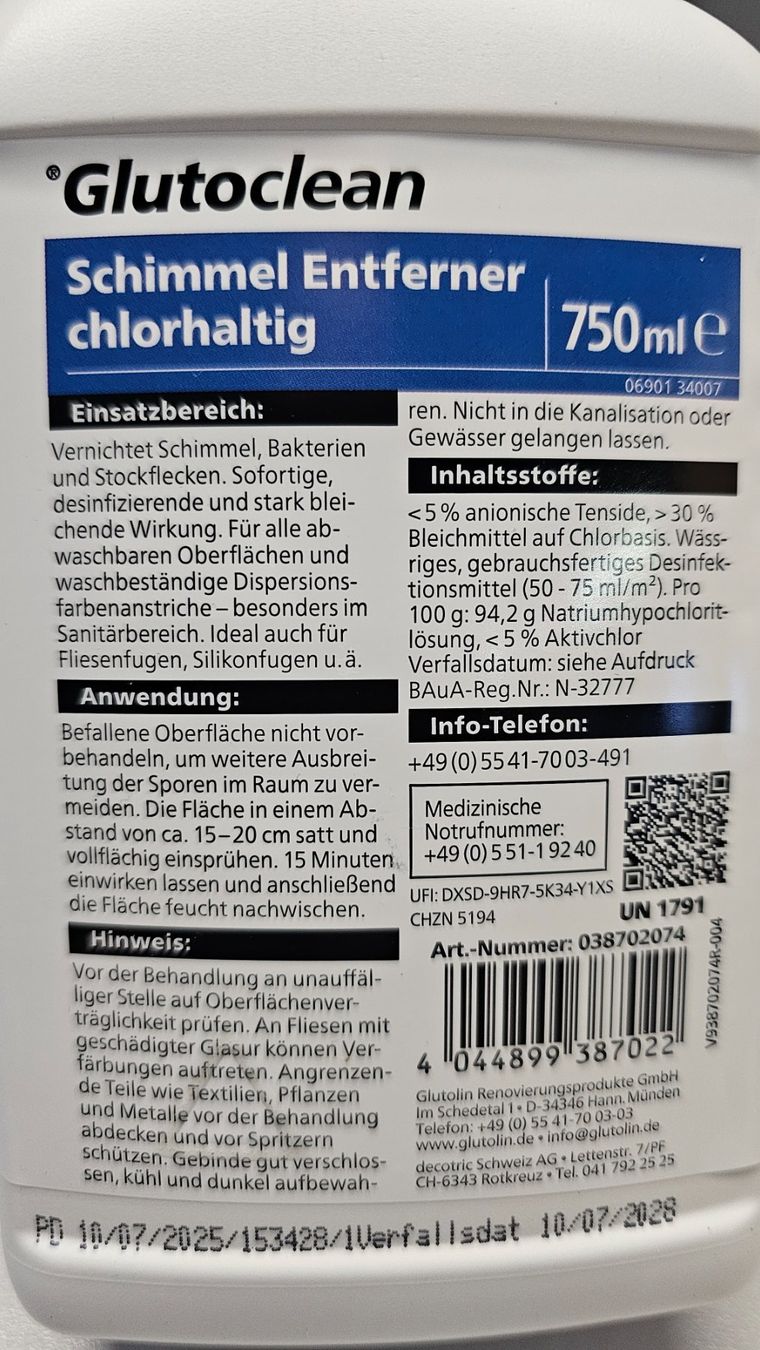 Prodotti di pulizia: Glutoclean Schimmelentferner chlorhaltig 750 ml – Nuovo e nell'imballaggio originale da Koppigen venduto da Bracher_Mail-House 1