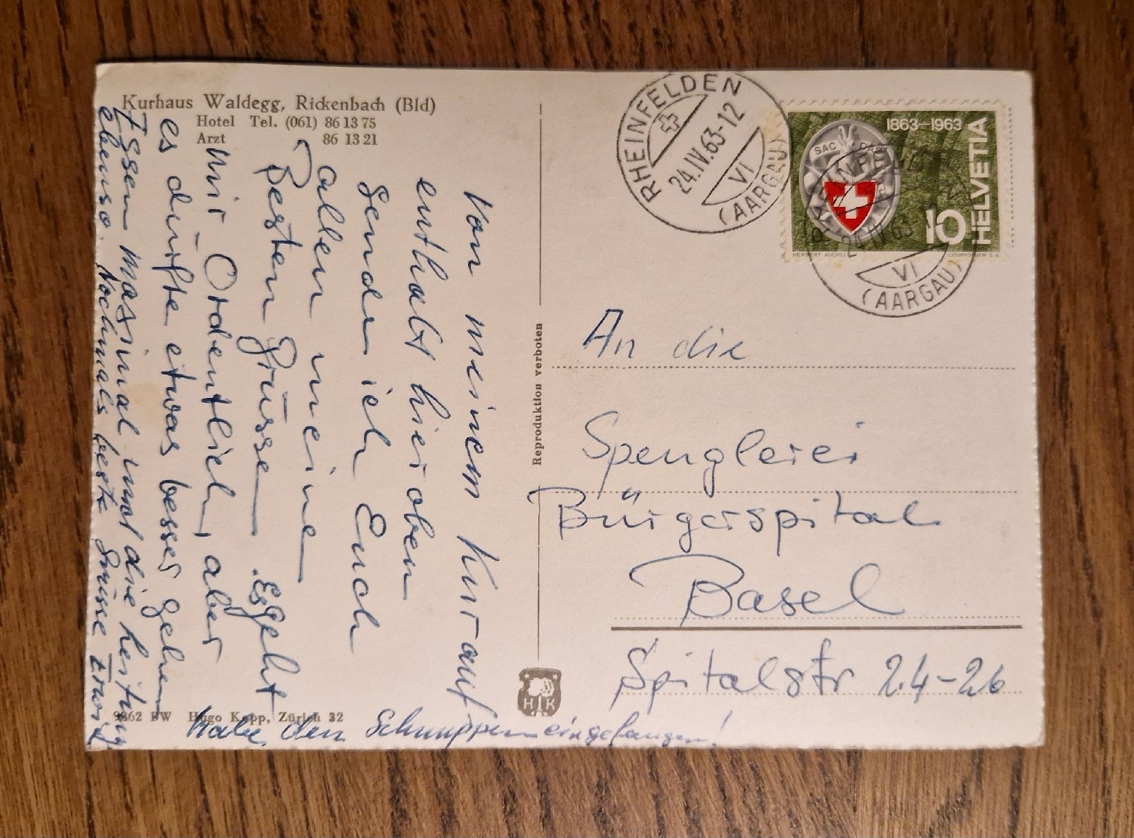 Cartoline postali: Kurhaus Waldegg, Rickenbach 1963 – Usato da Ebikon venduto da Donar50 2