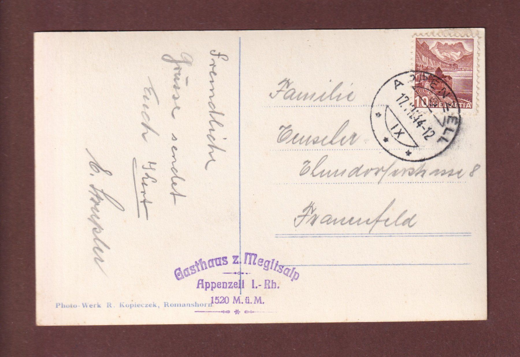 Cartes postales: MEGLISALP - Säntis - 1944 – D'occasion à Pully par nicecards-shop 1