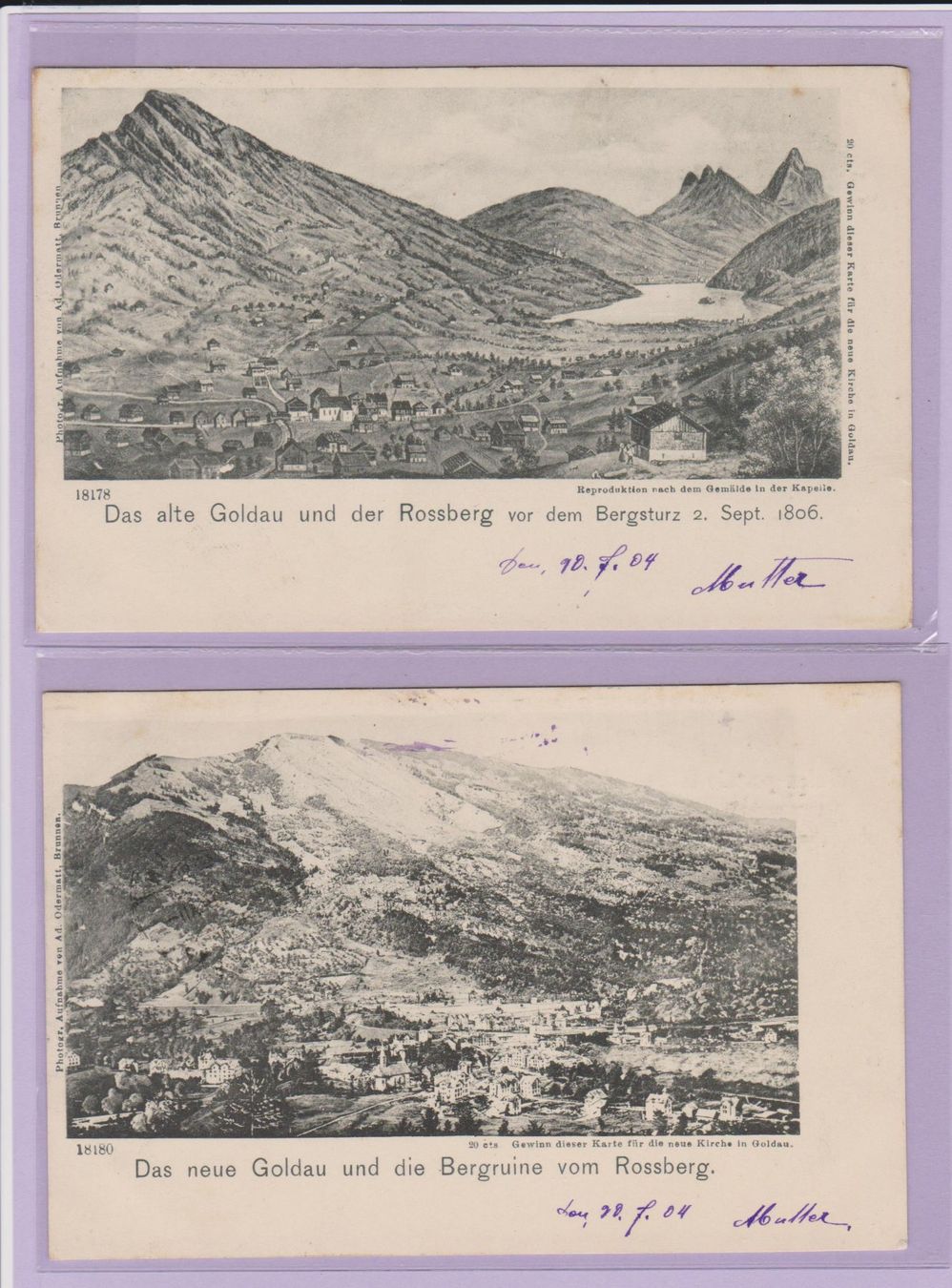 Cartoline postali: Goldau   :   2 Ansichtskarten vor und nach dem Bergsturz – Usato da Vitznau venduto da Ropaku