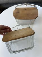 2 x Vintage-Glasbehälter von Glasi Hergiswil mit Holzdeckeln