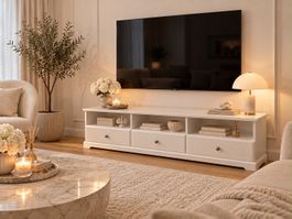 TV-Board weiss mit drei Schubladen und Fächern gebraucht
