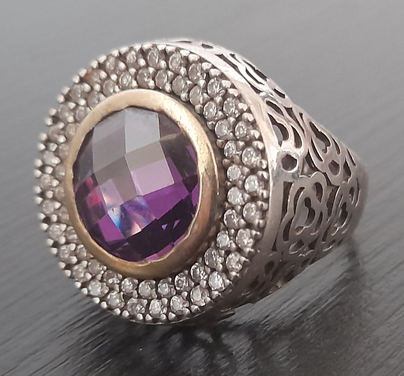Bague Ancienne Argent 925 - Améthyste Naturelle Taille Ronde - Style Art Déco