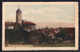 AK Aubonne, Le Donjon et les Alpes, 1928