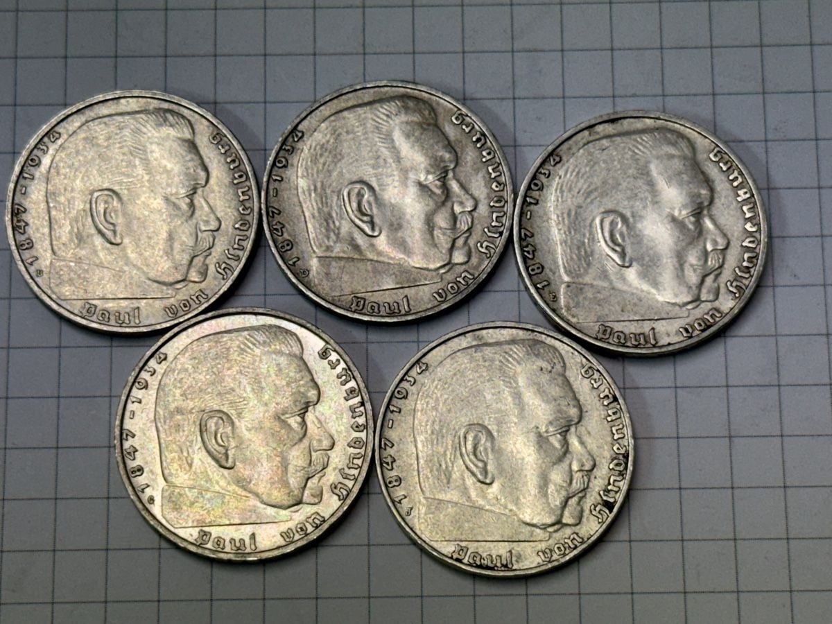 Tutti le monete: Lot 2 Reichsmark 1938 B,D,E,G,J – Usato da Zürich venduto da daki81 1