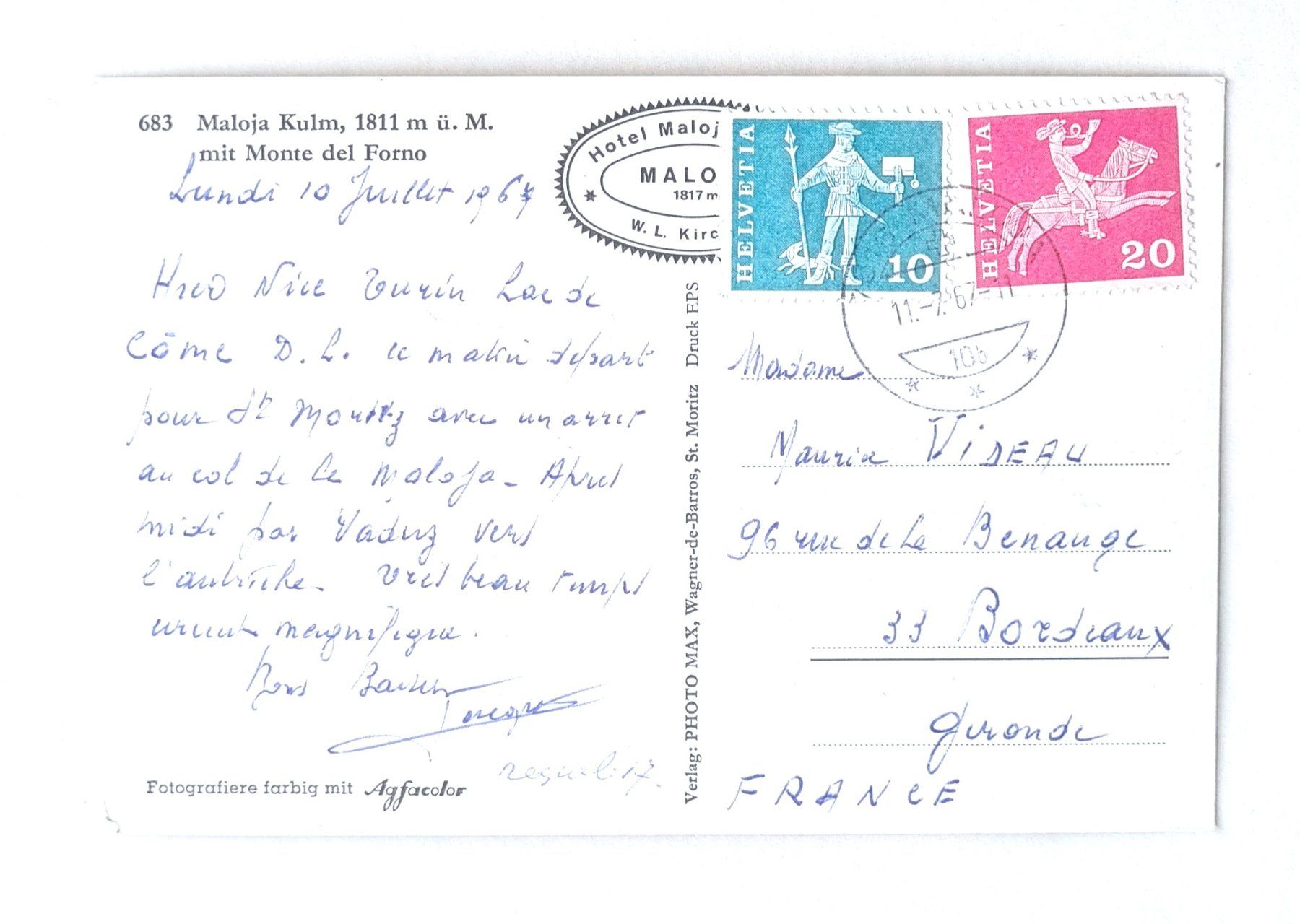 Cartoline postali: Hotel Maloya Kulm - Postauto - 1967 – Usato da Rothrist venduto da RROENK 1