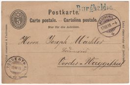Balkenstempel Burghalden (blau) a. Postkarte nach VORDERTHAL