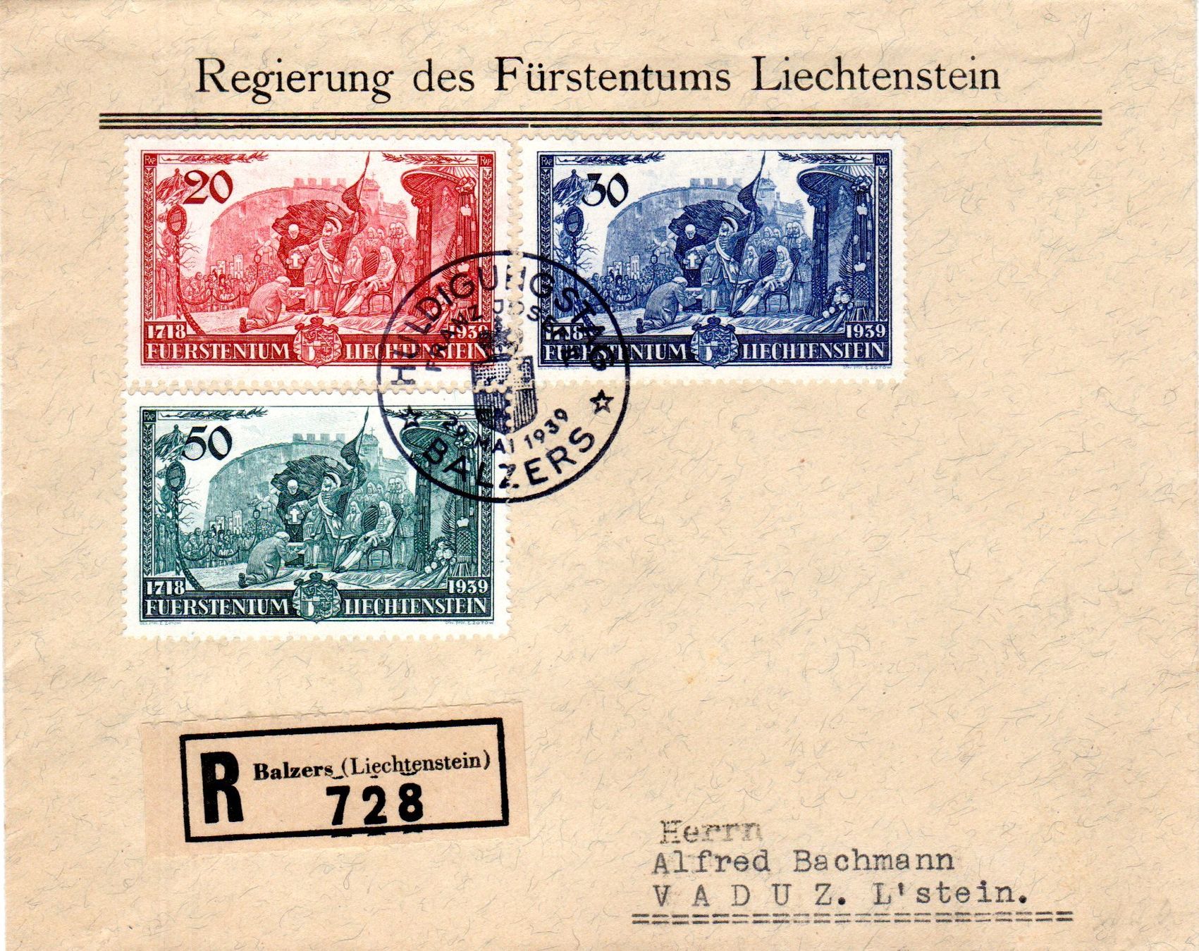 Alle Briefmarken: SERIE AUF BELEG - HULDIGUNGSTAG 1939 BALZERS - DA170 – Gebraucht aus Losone von EM2019