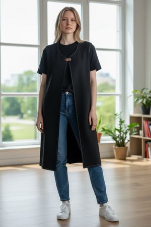 Gilet Zara ouvert noir élégant avec surpiqûres blanches T. M