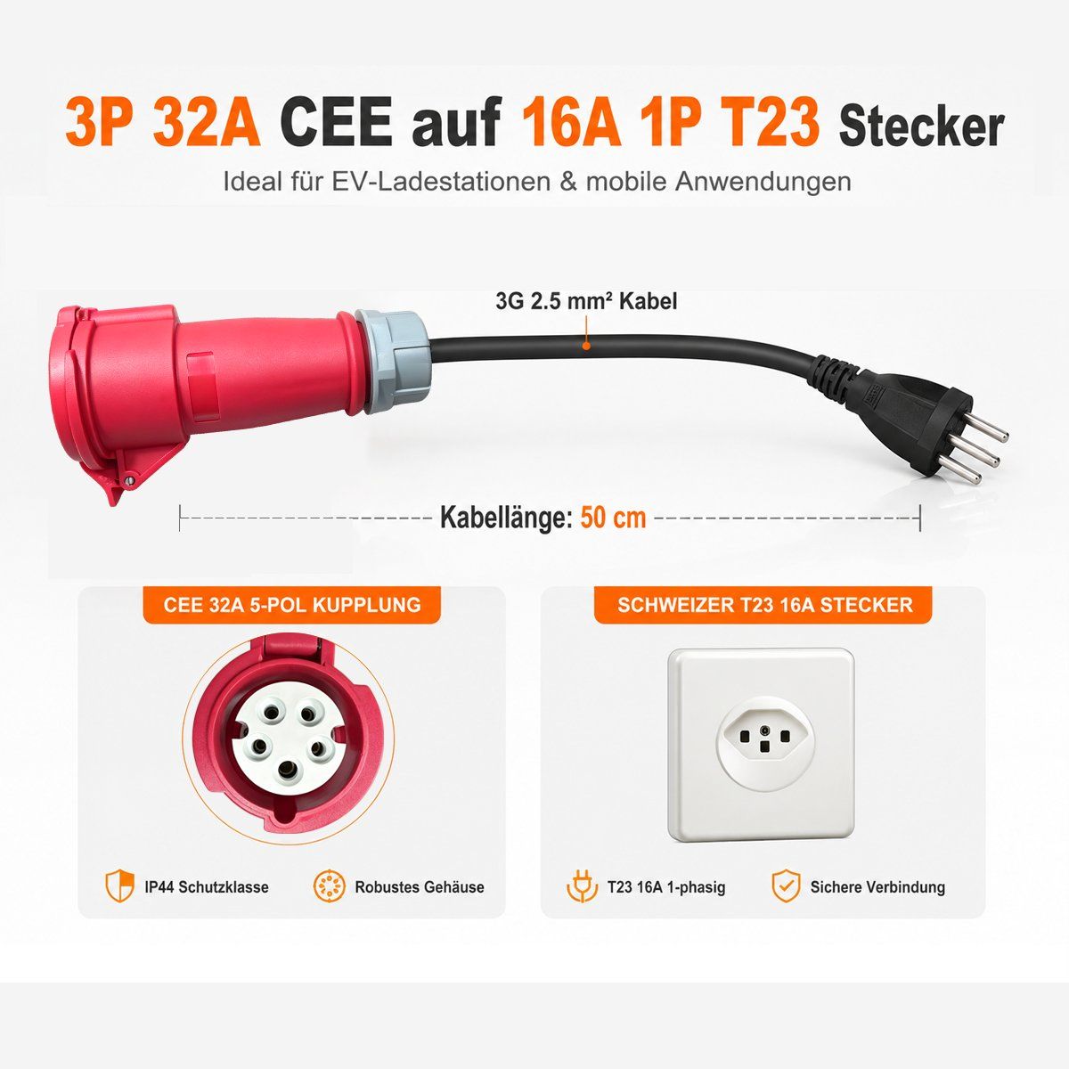 Caricabatterie: 32A CEE Rot auf Schweizer T23 Adapterkabel EV Ladegerät 50cm – Nuovo e nell'imballaggio originale da Malans GR venduto da BUYBEST-Schweiz