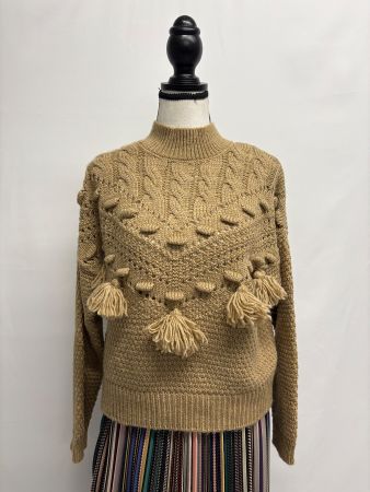 Mango Strick Pullover mit Troddeln Gr. S beige braun Boho
