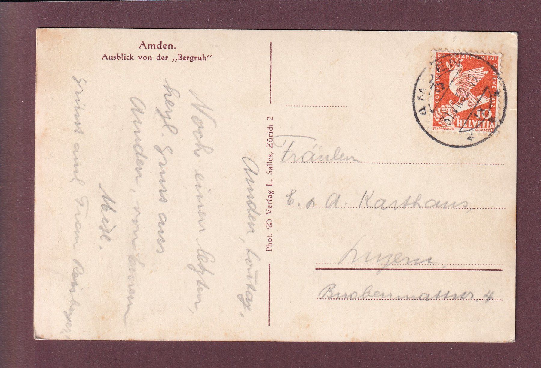 Cartoline postali: AMDEN - Ausblick von der Bergruh - 1932 – Usato da Pully venduto da nicecards 1