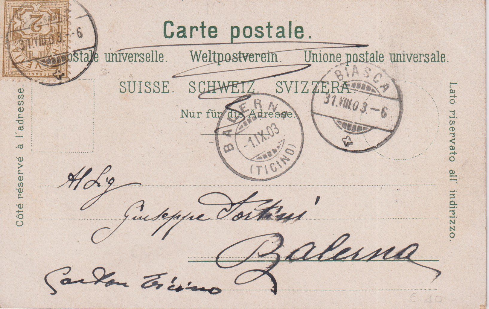 Cartoline postali: AK Litho - Saluto da Biasca 1903 – Usato da Riva San Vitale venduto da MAR-NAPO 1