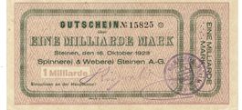Steinen 1 Mrd.Mark +Stempel 16.10.1923 VZ++-UNZ