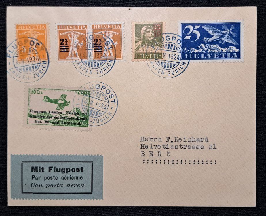 Flugpost Brief Laufen - Zürich 1924 (Gebraucht) in Unterägeri für CHF ...