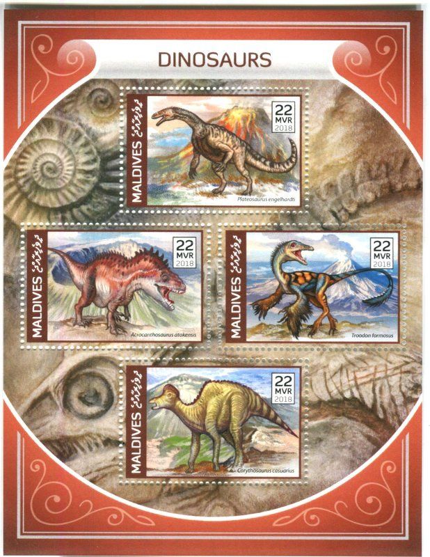 Tutti i francobolli: Block "Dinosaurier". Malediven. – Nuovo e nell'imballaggio originale da Basel venduto da Butsch5