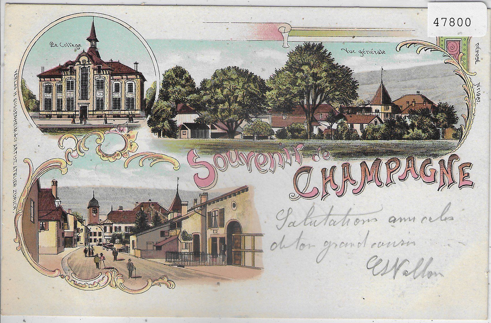 Cartoline postali: Souvenir de Champagne - Le College - Litho – Usato da Ettingen venduto da Kartenplanet