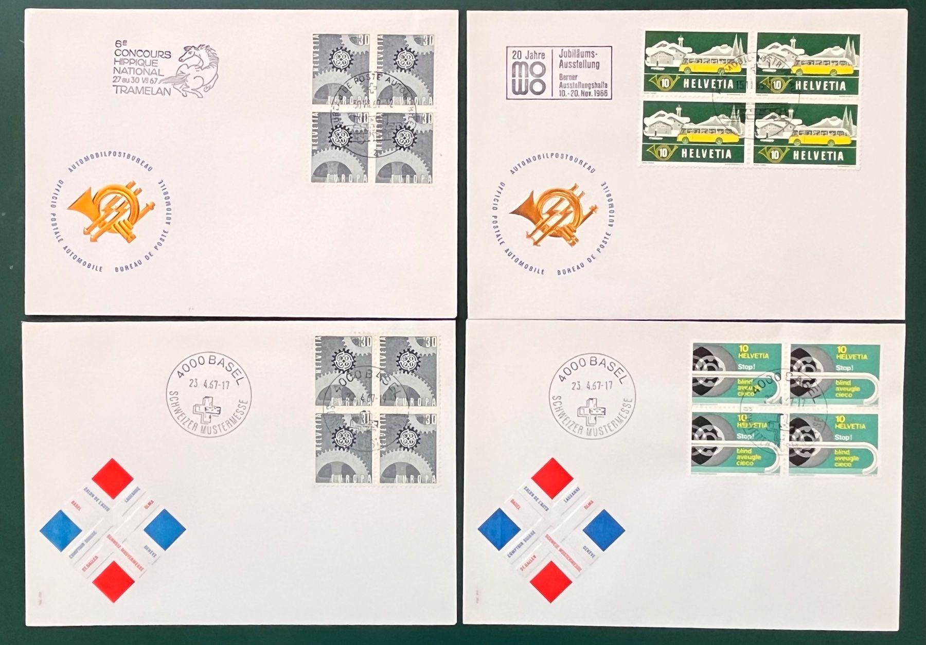 Alle Briefmarken: Vier Schweizer Ersttagsbriefe mit Viererblocks gebraucht – Gebraucht aus Laupen BE von RiSe_26_tiP