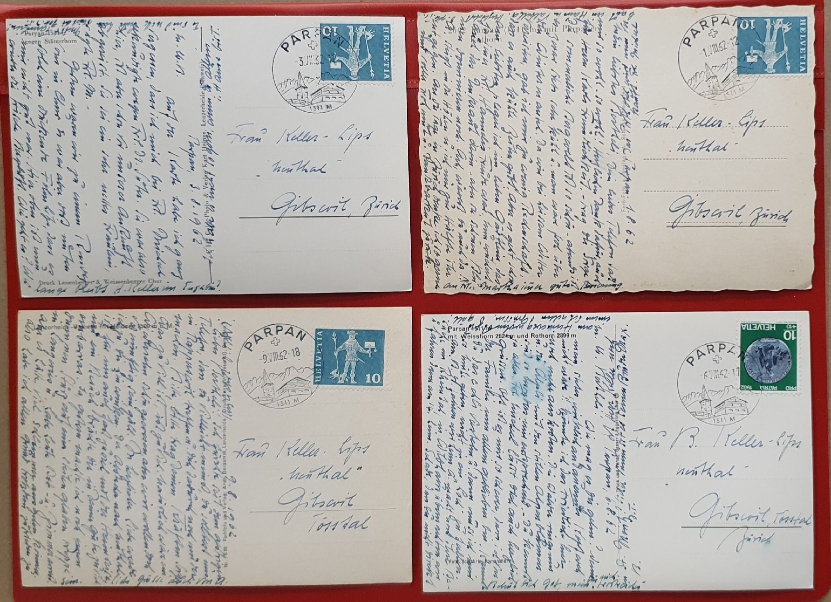 Cartoline postali: 4 Ansichtskarten Parpan 1962 – Usato da Kreuzlingen venduto da Rschweiz1 1