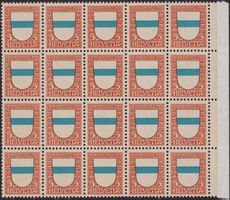 1922, J21 Wappen ZUG Bogenteil à 20 Marken postfrisch. 80.-