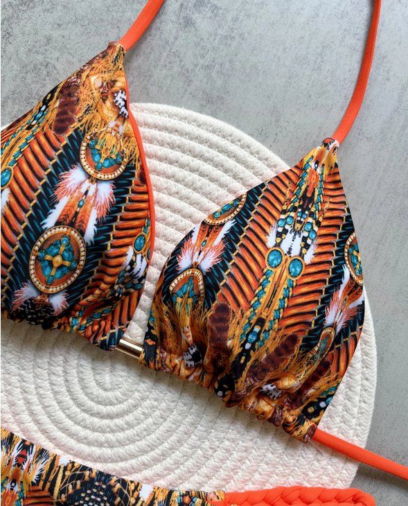 Costumi da bagno & Bikini: Orangefarbener Badeanzug mit Aztekenmuster 2025 S M L – Nuovo e nell'imballaggio originale da Lausanne venduto da MONO-SELECTION 2