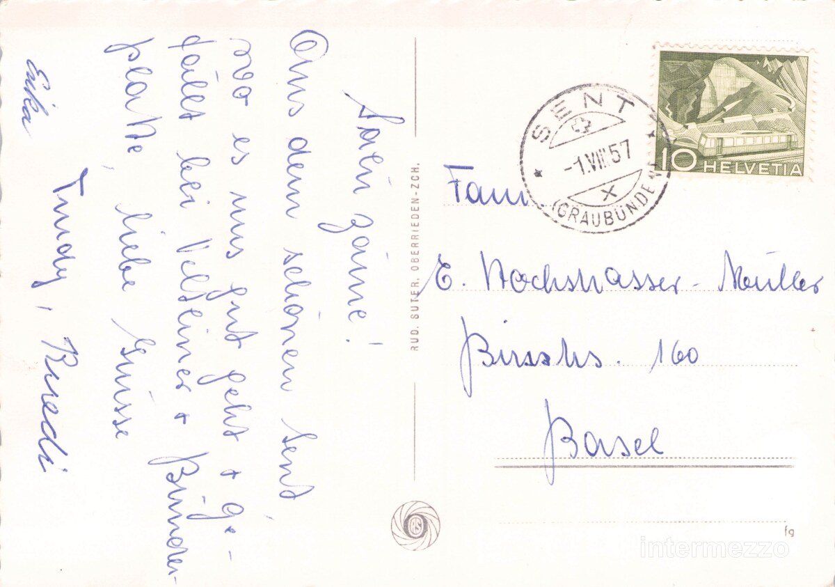 Cartoline postali: Sent GR // 1957 Kirche Dorf // Sommer – Usato da Basel venduto da intermezzo12 1