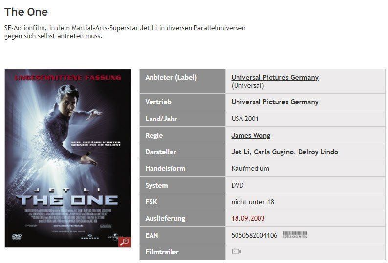 Tutti i DVDs: The One - Jet Li - DVD – Usato da Buchrain venduto da Sssschaller