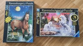 Zwei 500er-Puzzles: Pferd und Einhorn (leuchten im Dunkeln)