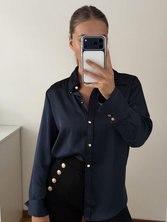 H&M Elegante Satin Bluse Dunkelblau mit Goldknöpfen - Gr. S