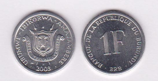 Alle Münzen: BURUNDI 1 FRANC 2003 NON CIRCULÉ – Neu (gemäss Beschreibung) aus Sonceboz-Sombeval von Simuncons
