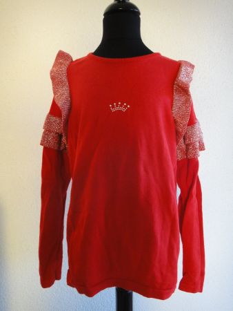 Neuwertige roter Mädchenpullover Glitzerärmel Gr.12 Jahre