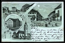 Lithographie Huttwil, Bahnhofstraße, Schulhaus, Kirche, Haup