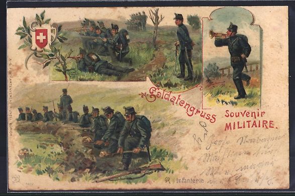 Foto, Lettere & Cartoline: Litho Soldatengruss, Schweizer Infanteri – Usato da Berlin venduto da bartko-reher