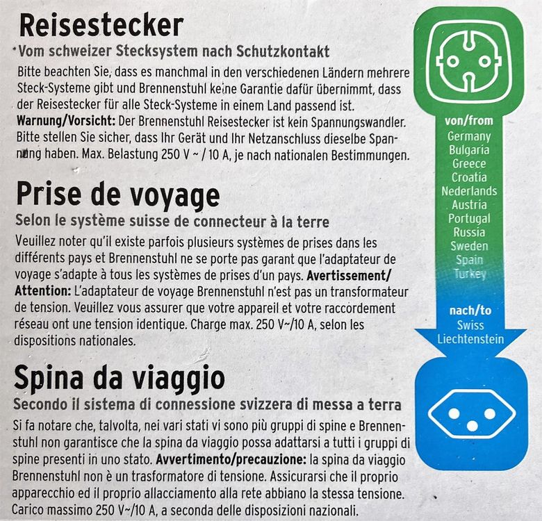 DINIC Reiseadapter Schweiz - 3-Pin CH Stecker Mit Sicherung