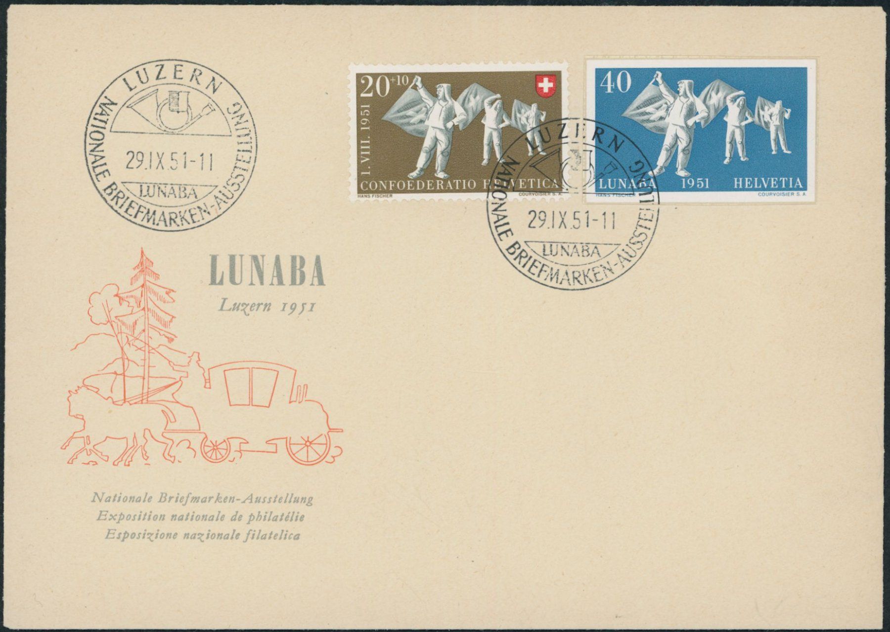 Tutti i francobolli: 1951  Lunaba - Blockauschnitt - Ersttagsbrief ET • Combo FDC – Usato da Schindellegi venduto da leecollect