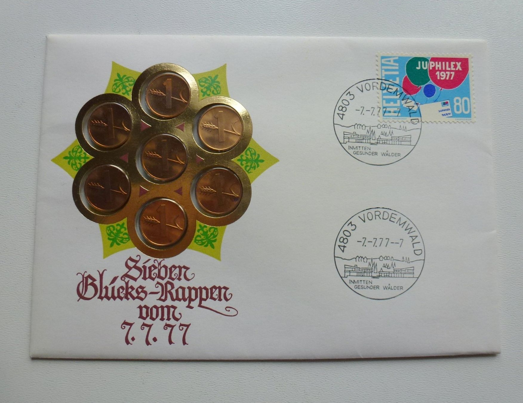Tutti le monete: Seltener Numisbrief - Sieben Glücks-Rappen vom 7.7.77 – Usato da Walkringen venduto da Casablanca777