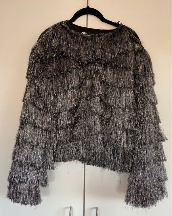 Zara Bomberjacke Silber Metallic Zara Jacke Fransen Glitzer Silber