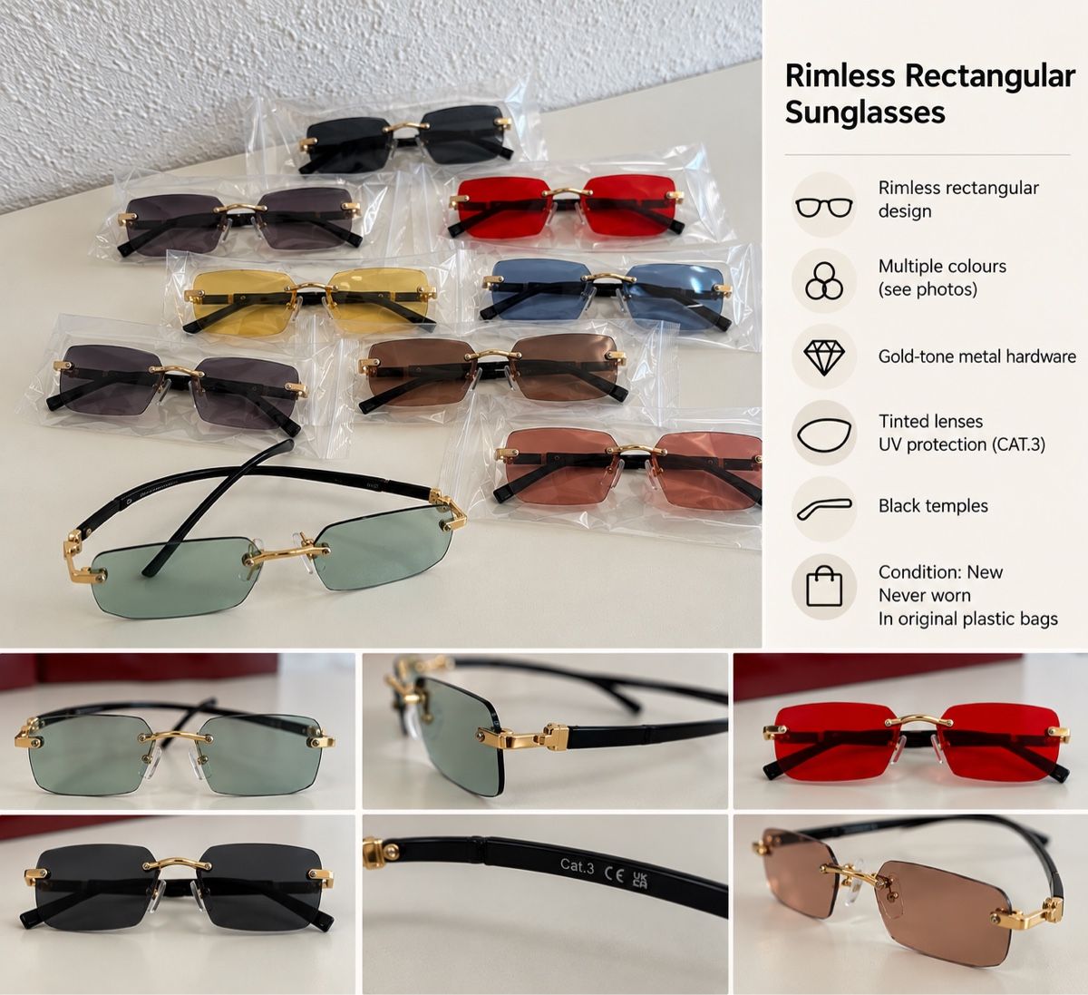 Lunettes & Verres: 9 Rimless Rectangular Sunglasses Gold Tone New Condition – Neuf avec emballage d'origine à Bülach par mrt_m2tm
