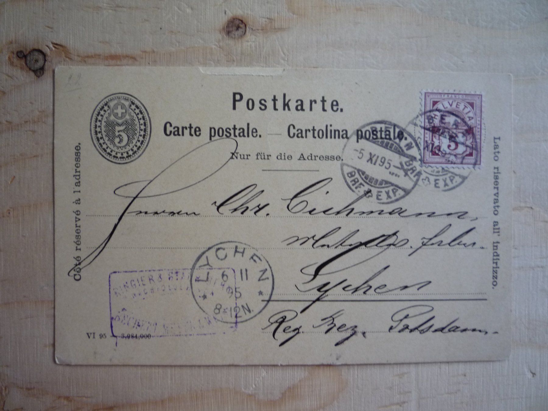 Alle Briefmarken: Postkarte, Bern, 5.XI.95 – Gebraucht aus Rieden SG von Brockehuesli