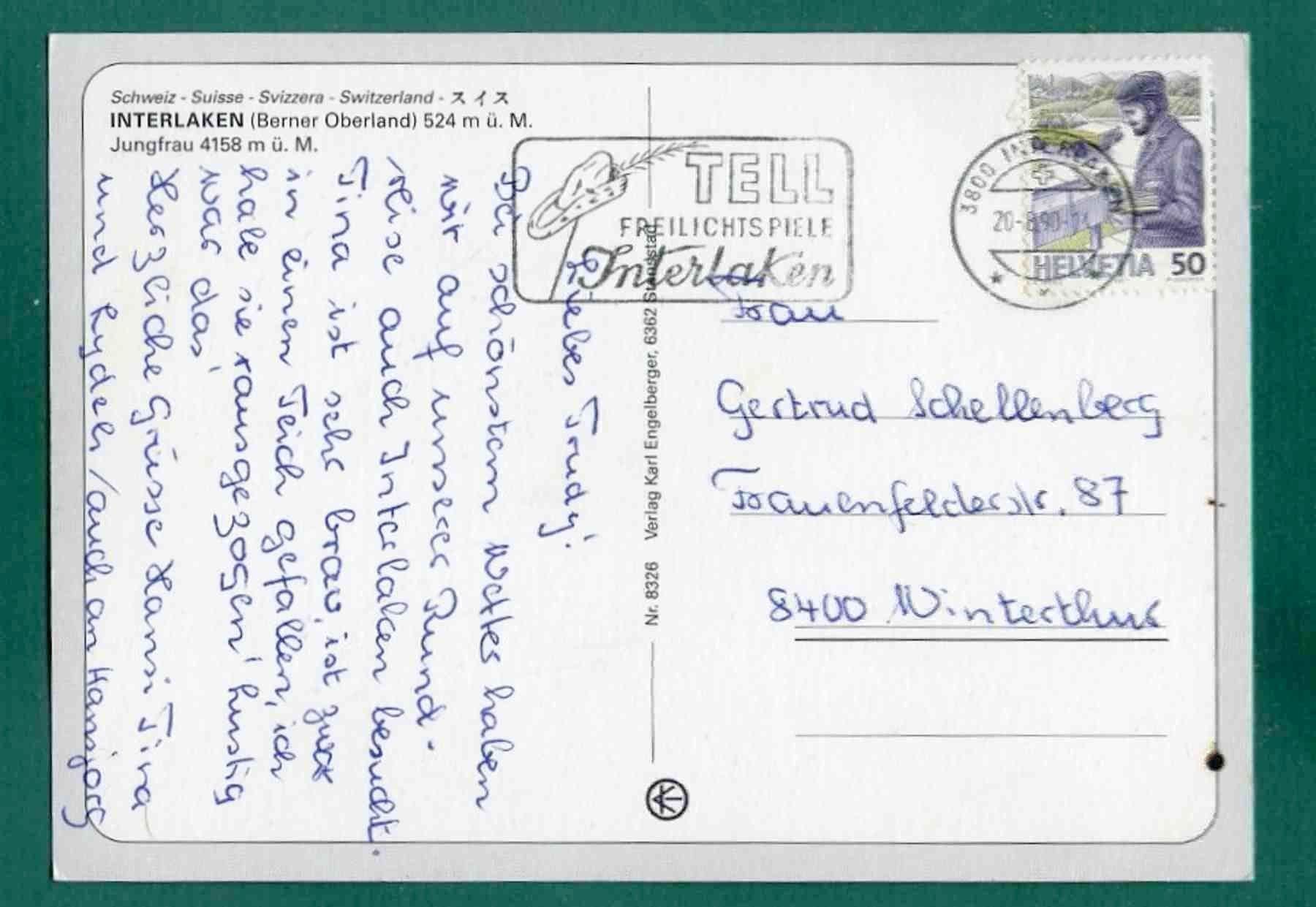 Ansichtskarten: Interlaken, 4 Ansichten, 1990, gelaufen, Grossformat – Gebraucht aus Sargans von Hausi1951 1