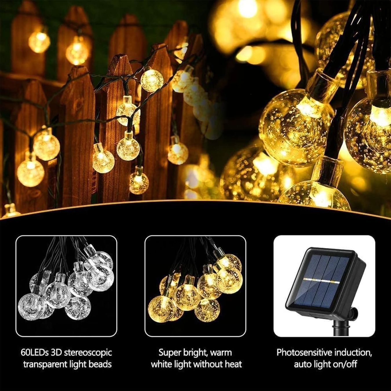 Ghirlande e barre luminose: Solar Lichterkette Aussen 11m mit 60 LED Kugeln – Nuovo e nell'imballaggio originale da Nuglar venduto da SmartLiving24 3