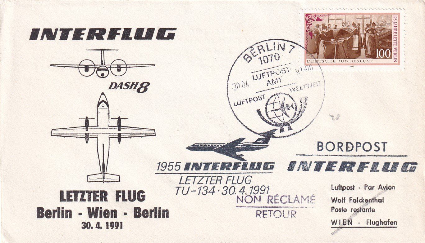 Tutti i francobolli: Letztflug INTERFLUG Berlin - Wien 1991 – Usato da Baar venduto da Asmara111